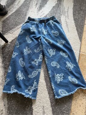 Women’s Wide-Leg Paisley Print Denim Pants - Blue